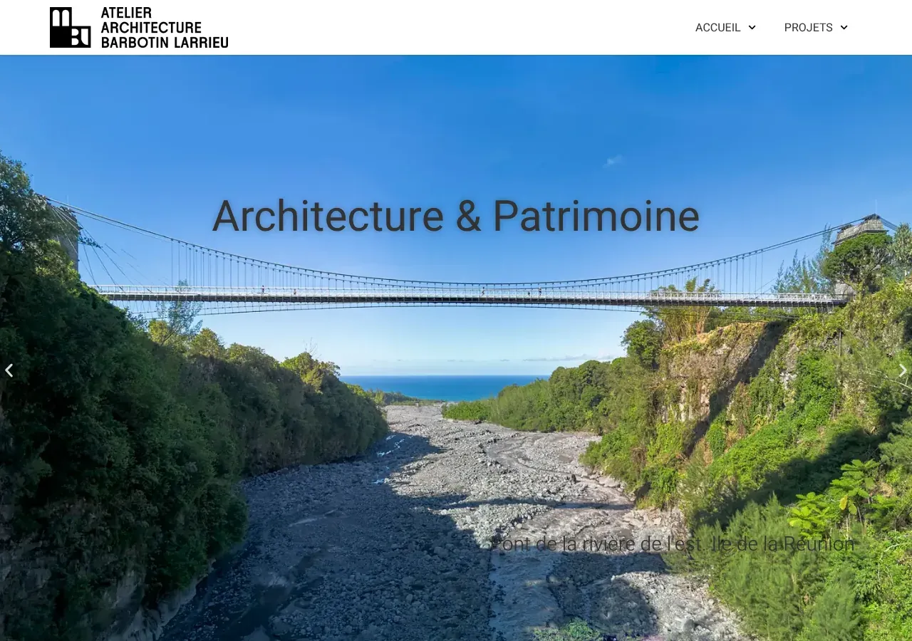 Page d’accueil du site AABL : « Architecture & Patrimoine », sur une photo du pont de la rivière de l’Est.