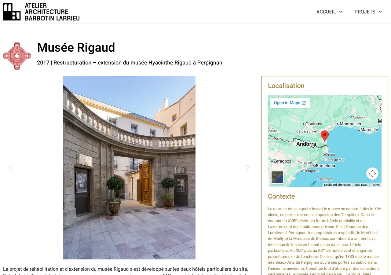 Fiche projet du musée Hyacinthe Rigaud à Perpignan, avec photo, carte et contexte.