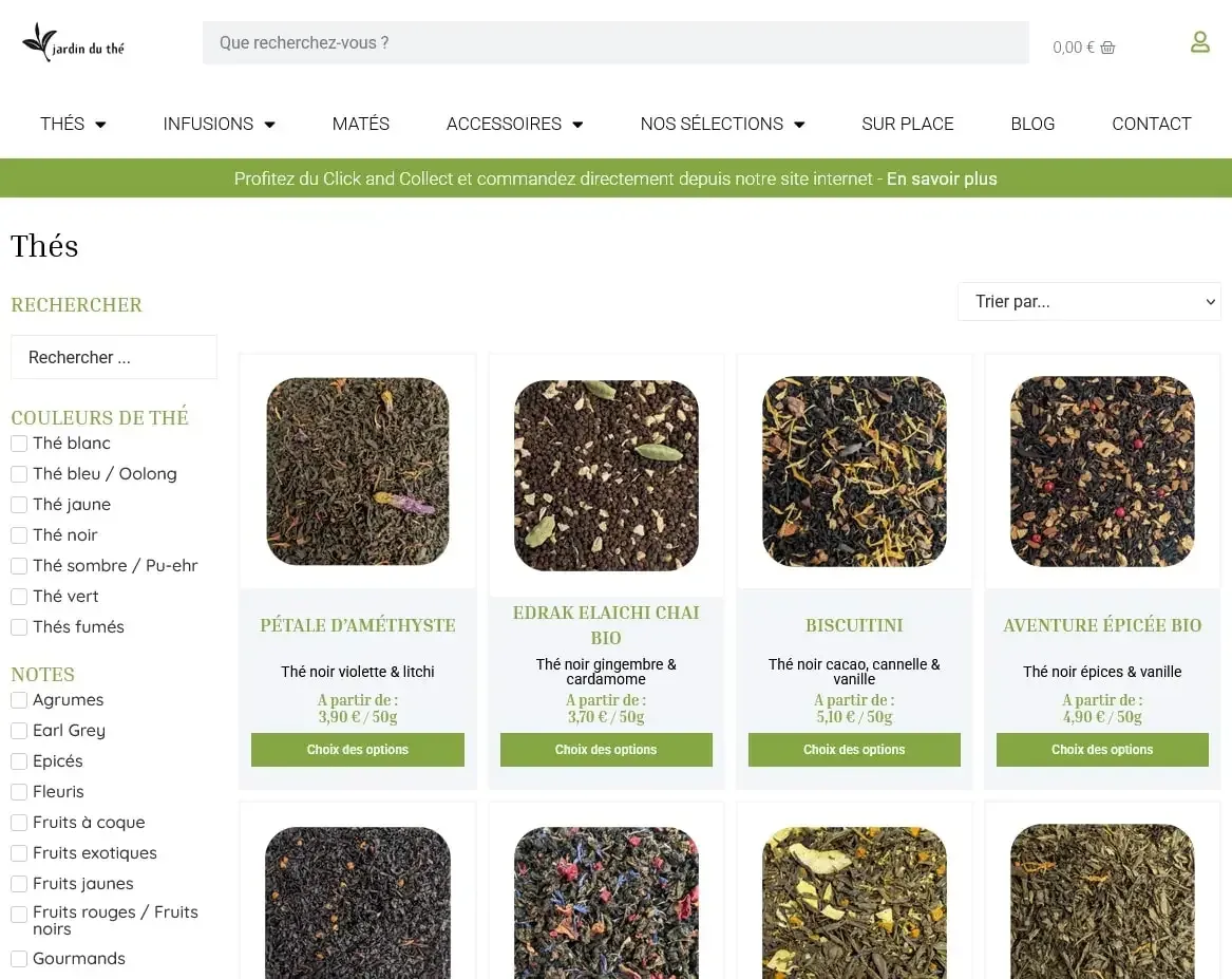 Catalogue des thés avec ses filtres par couleur et par note.
