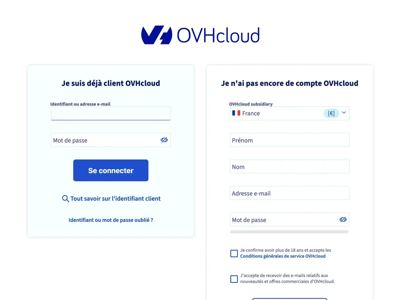 Page de connexion à l’espace client OVHcloud, avec les champs identifiant et mot de passe.