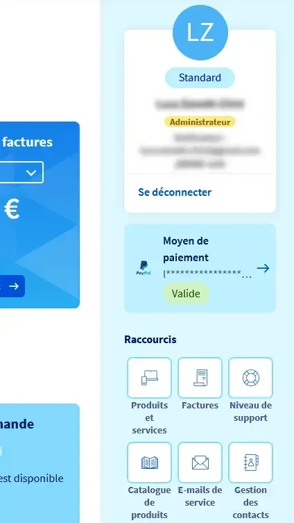 Panneau latéral de l’espace client OVH, avec le raccourci « Gestion des contacts ».