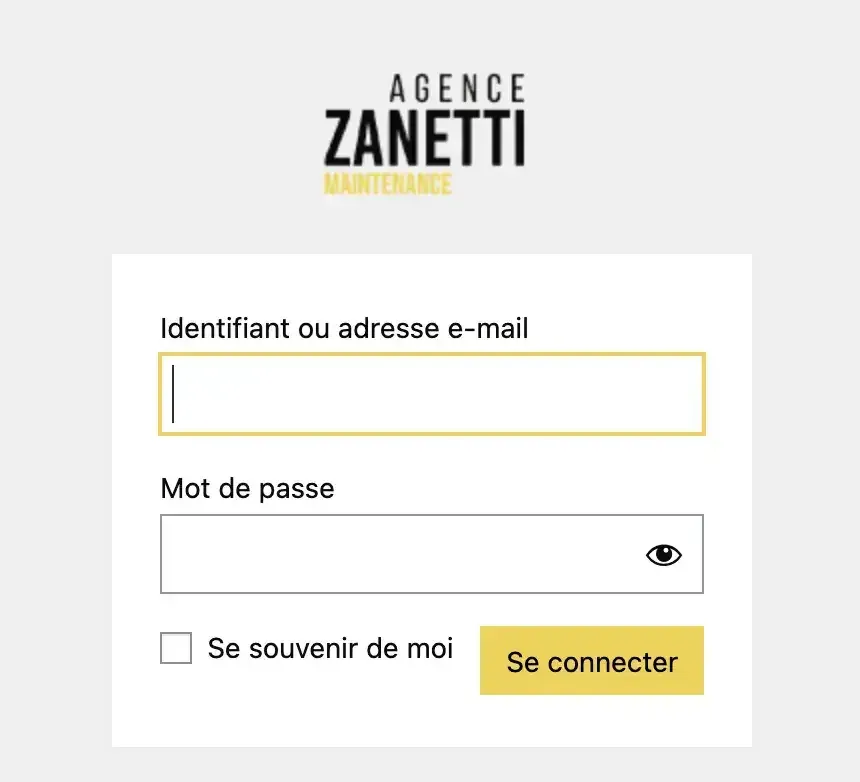 Page de connexion à l’administration WordPress, avec les champs identifiant et mot de passe.