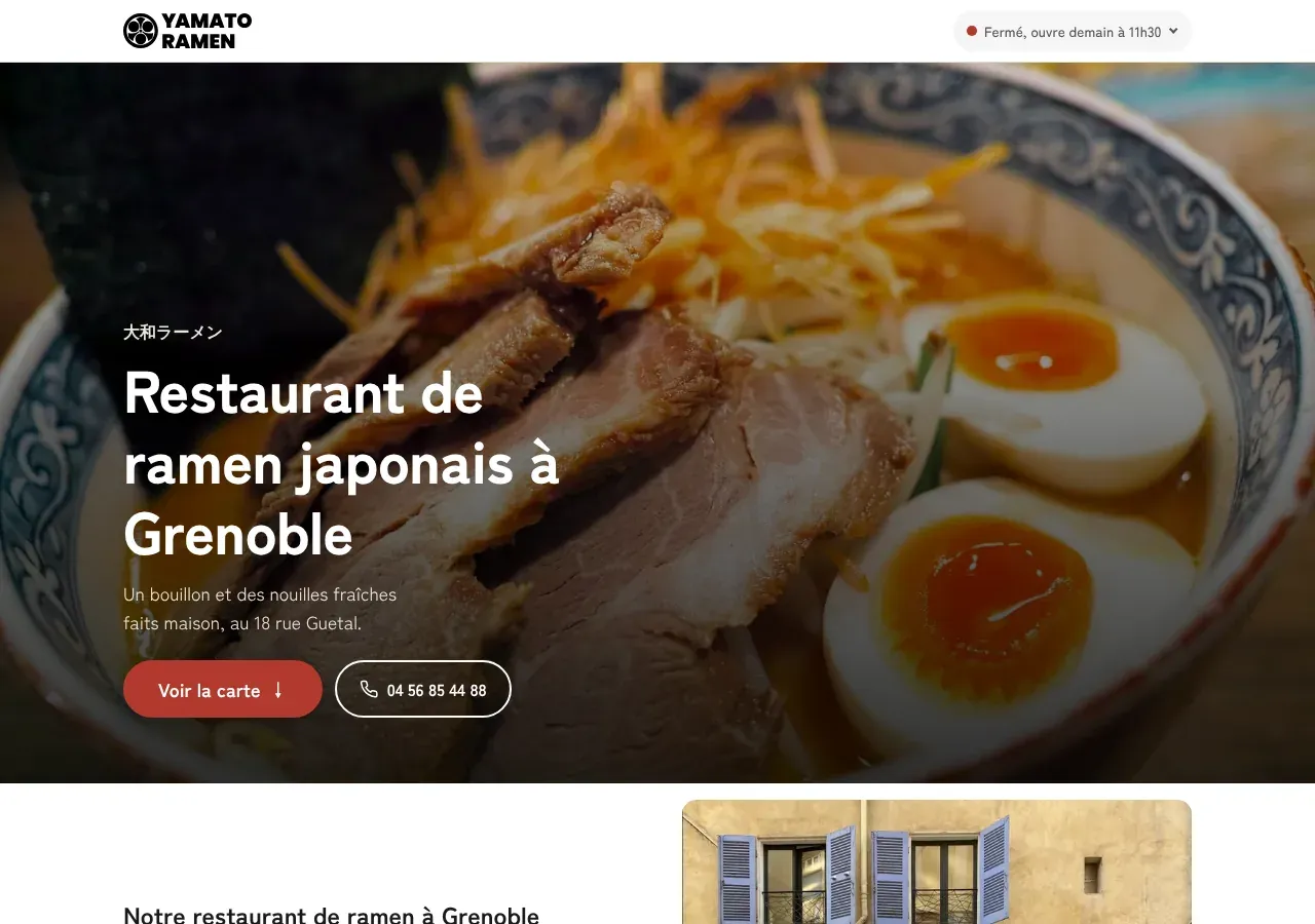 Page d’accueil du site Yamato Ramen : « Restaurant de ramen japonais à Grenoble ».