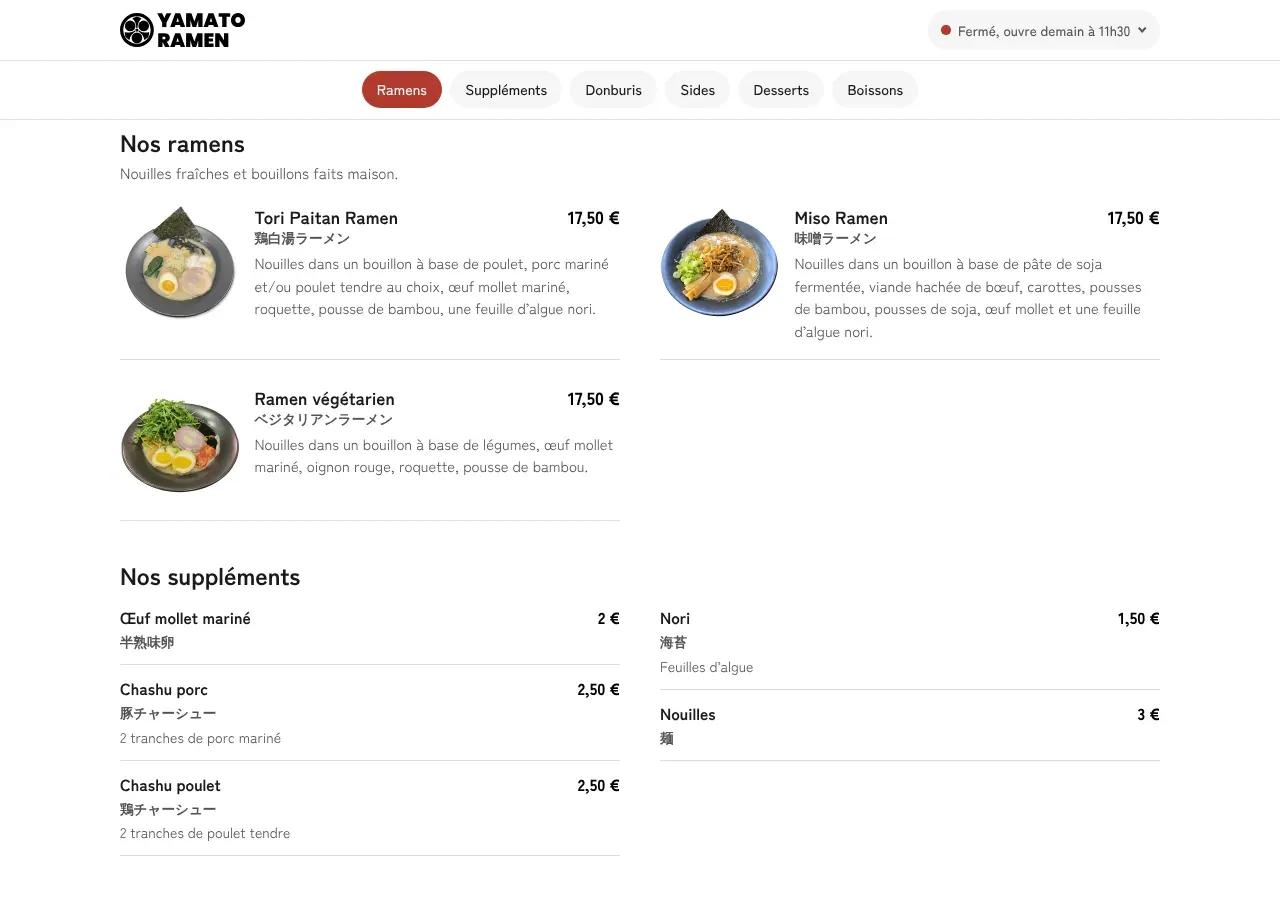 La carte en ligne de Yamato Ramen, avec les ramens, leur photo et leur prix.